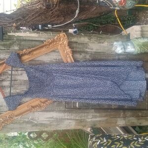 DARK BLUE W/WHITE FLOWERS OFF SHOULDER DRESS